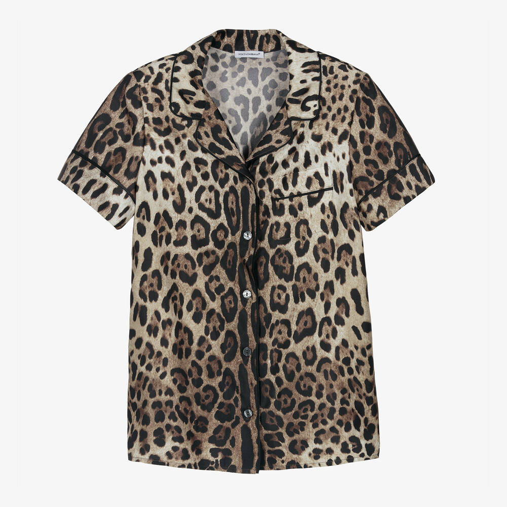 Dolce & Gabbana - Chemisier marron imprimé léopard en soie ado fille | Childrensalon