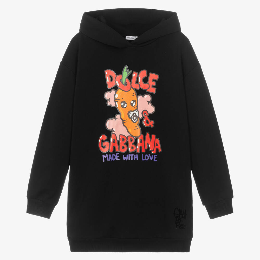 Dolce & Gabbana - فستان هودي قطن لون أسود بنقشة غينابيرو | Childrensalon