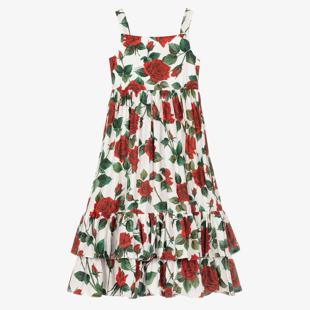Dolce & Gabbana - Kleid mit Rosen-Print Elfenbein/Rot | Childrensalon
