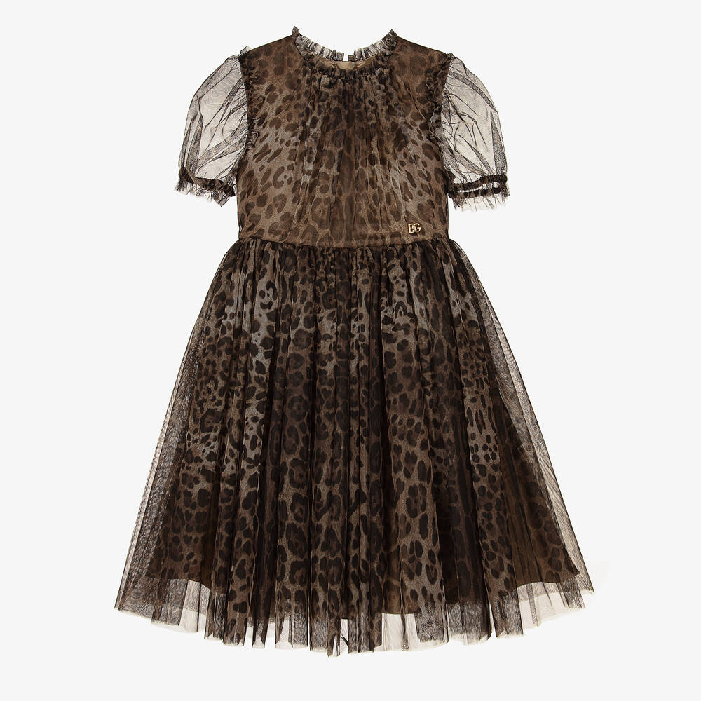 Dolce & Gabbana - فستان تينز بناتي تول لون أسود وبني | Childrensalon