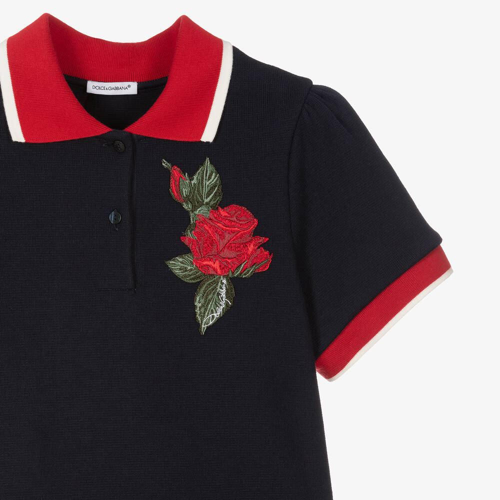 Dolce & Gabbana-Teen Girls Navy Blue Rose Polo Dress | Childrensalon Outlet