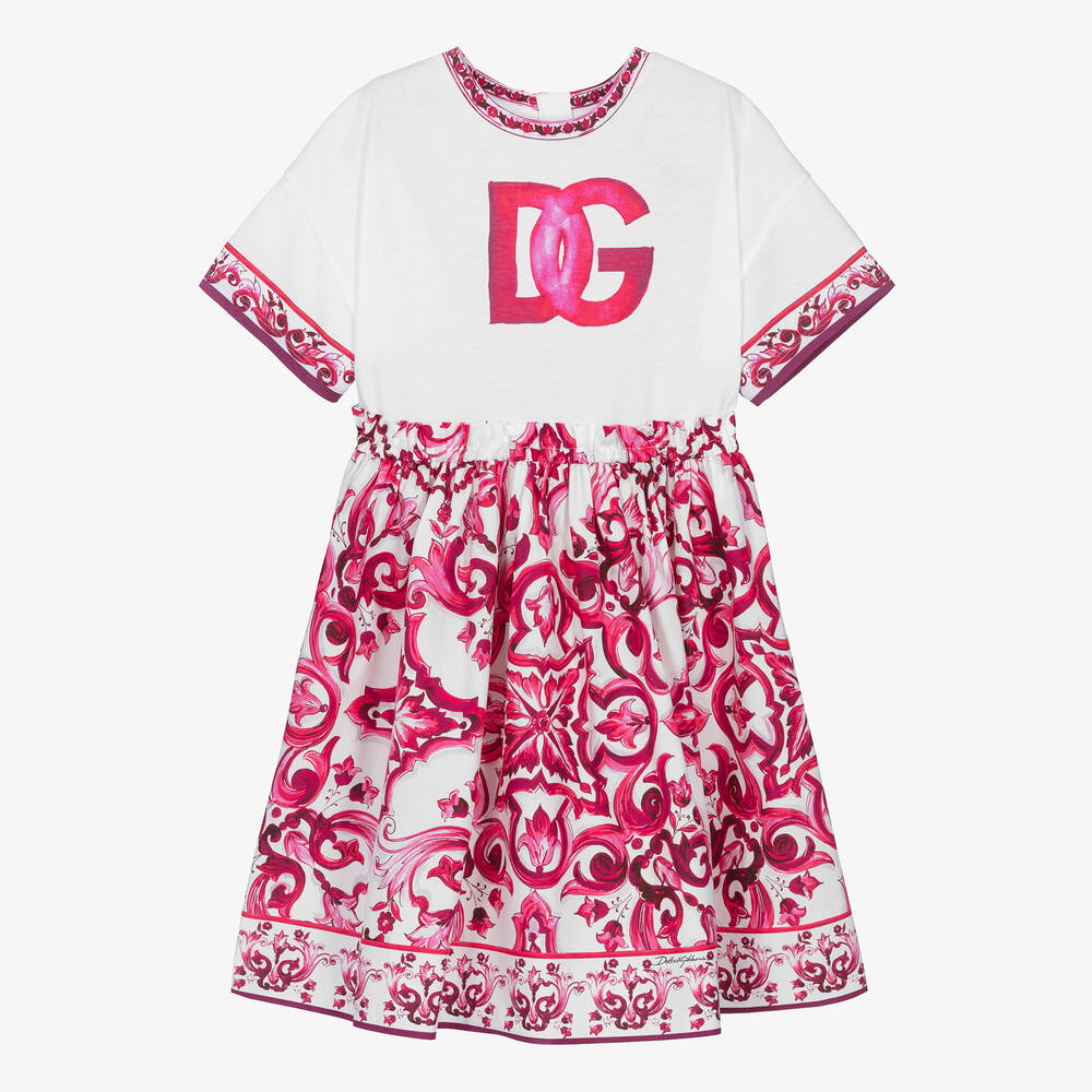 Dolce & Gabbana - فستان DG قطن جيرسي لون زهري بطبعة ماجوليكا | Childrensalon