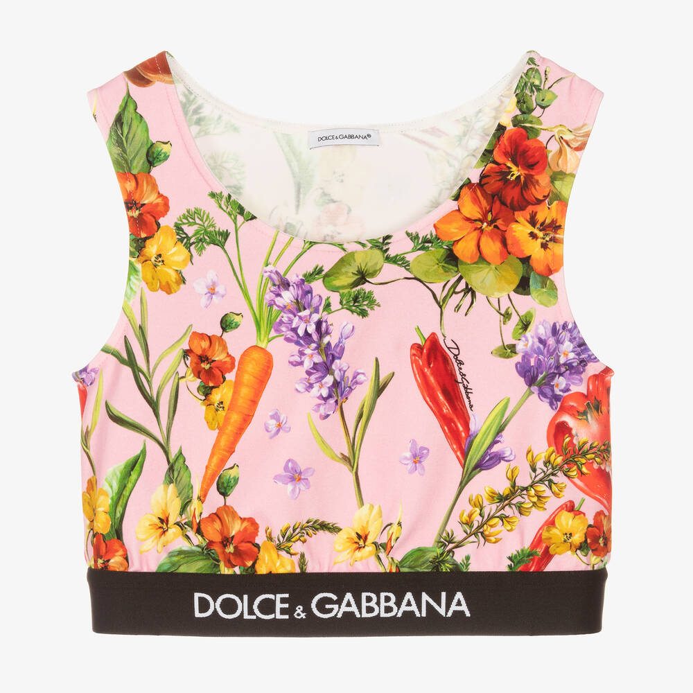 Dolce & Gabbana - توب قصير تينز بناتي قطن جيرسي لون زهري بطبعة ملونة | Childrensalon