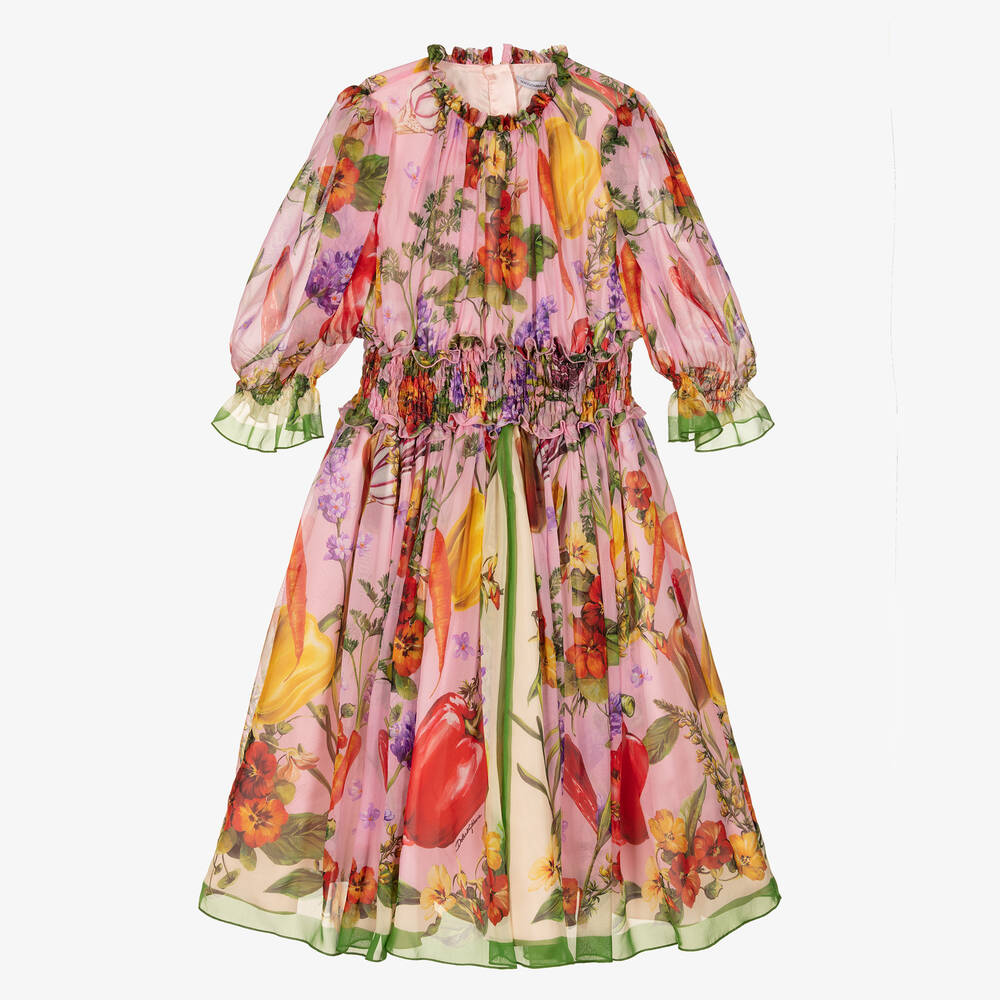 Dolce & Gabbana - فستان تينز بناتي حرير شيفون لون زهري بطبعة ملونة | Childrensalon