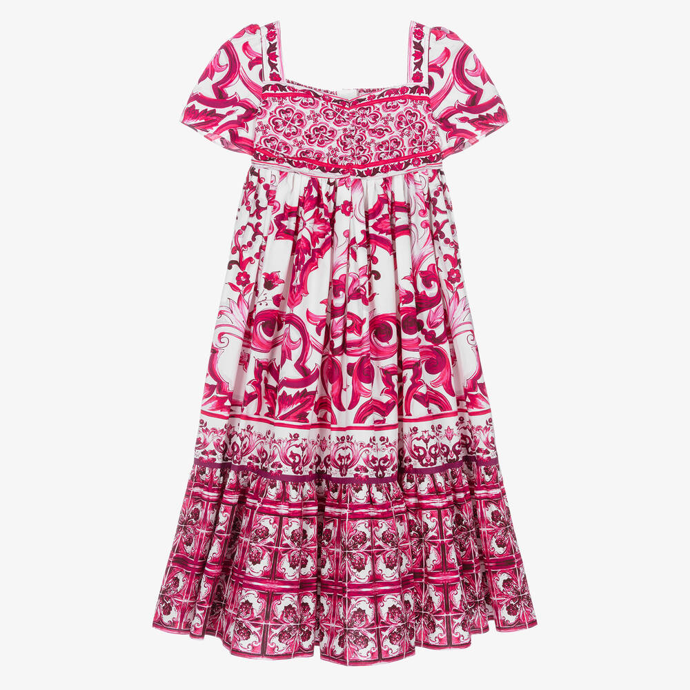 Dolce & Gabbana - Бело-розовое хлопковое платье с принтом Majolica | Childrensalon