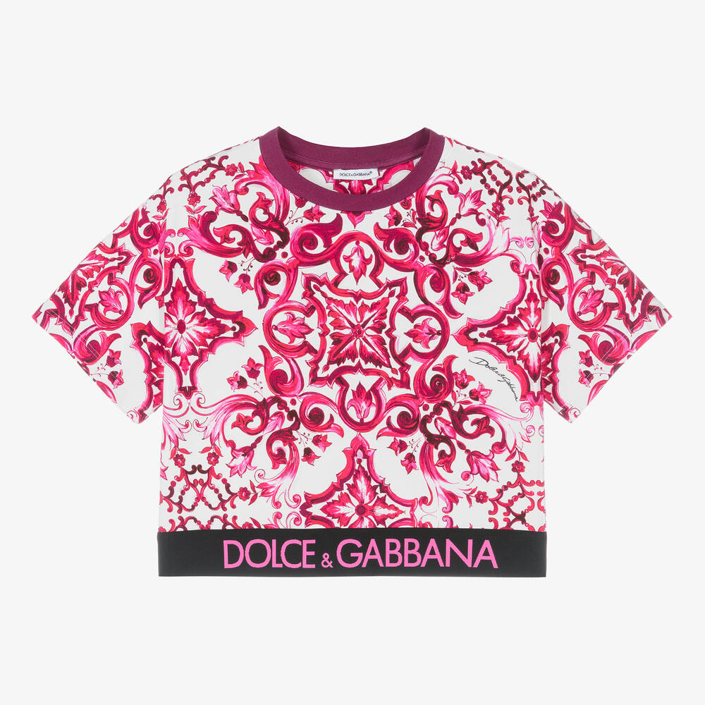 Dolce & Gabbana - تيشيرت تينز بناتي قطن جيرسي لون أبيض وزهري | Childrensalon