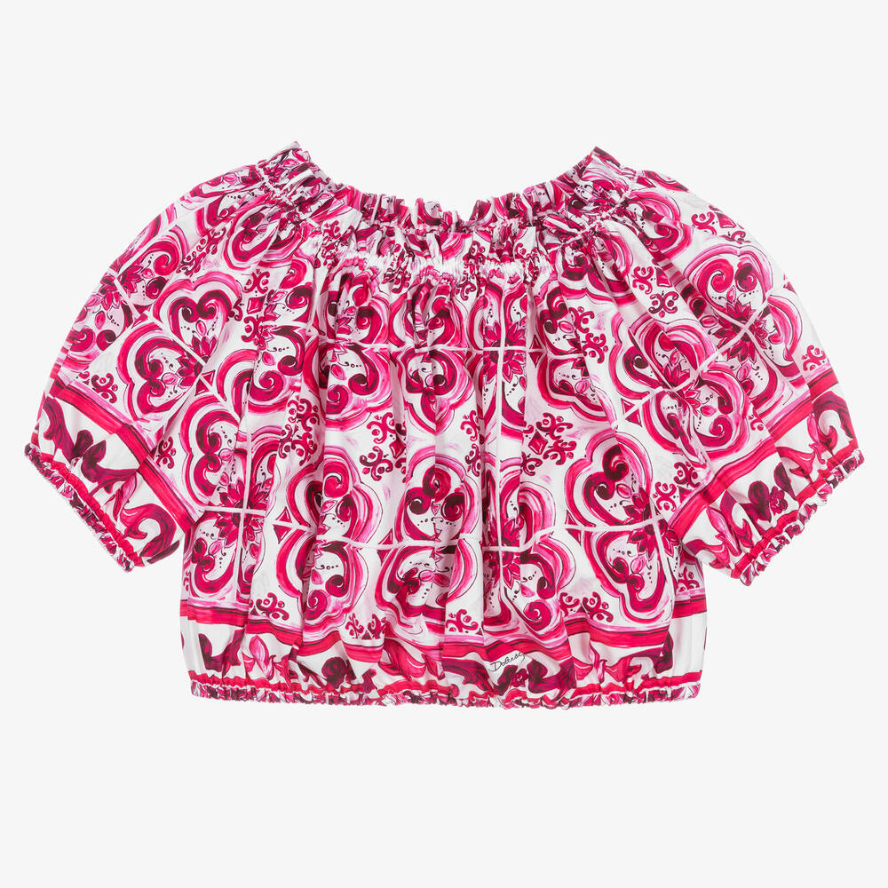 Dolce & Gabbana-بلوز قطن بوبلين لون زهري وأبيض بطبعة ماجوليكا | Childrensalon Outlet