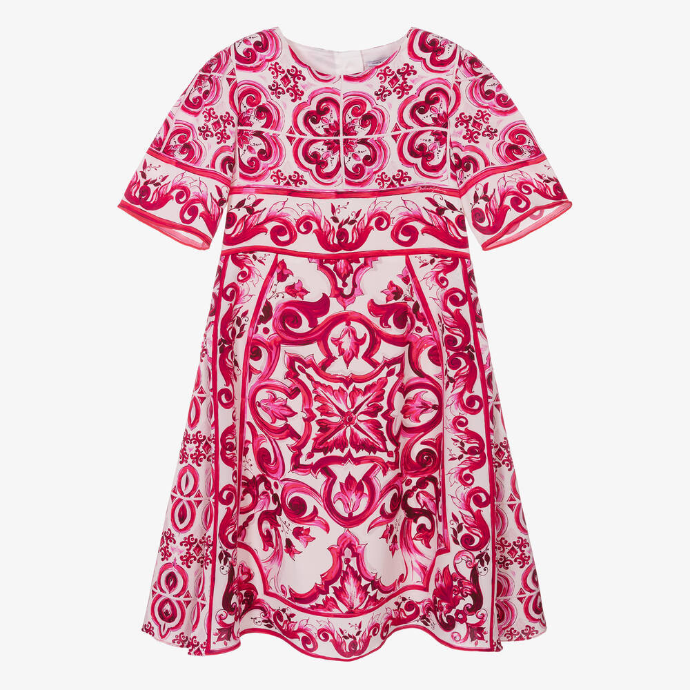 Dolce & Gabbana - فستان حرير لون زهري وأبيض بطبعة ماجوليكا | Childrensalon