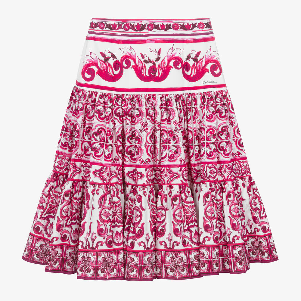 Dolce & Gabbana - Бело-розовая хлопковая юбка с принтом Majolica | Childrensalon