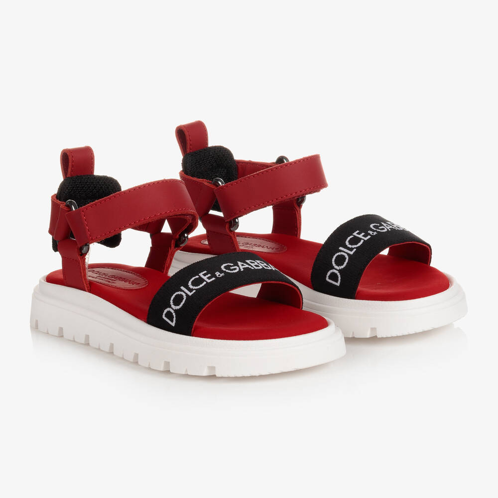 Dolce & Gabbana - صندل تينز بناتي جلد لون أحمر وأسود | Childrensalon