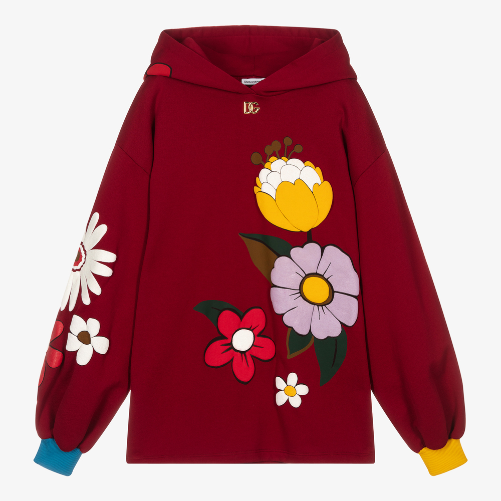 Dolce & Gabbana - سويتشيرت هودي تينز بناتي قطن لون أحمر | Childrensalon