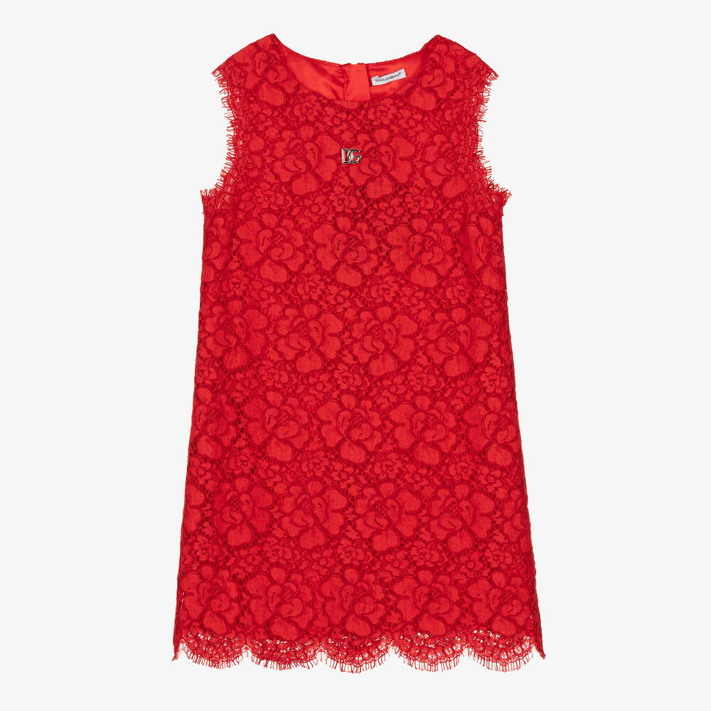 Dolce & Gabbana - فستان تينز بناتي ساتان ودانتيل لون أحمر  | Childrensalon