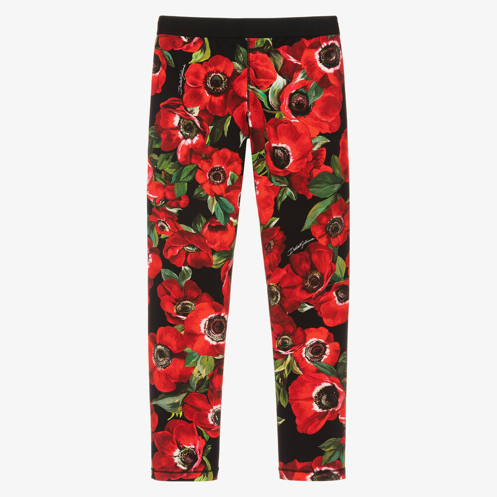 Dolce & Gabbana-Красные легинсы с маками для девочек-подростков | Childrensalon Outlet