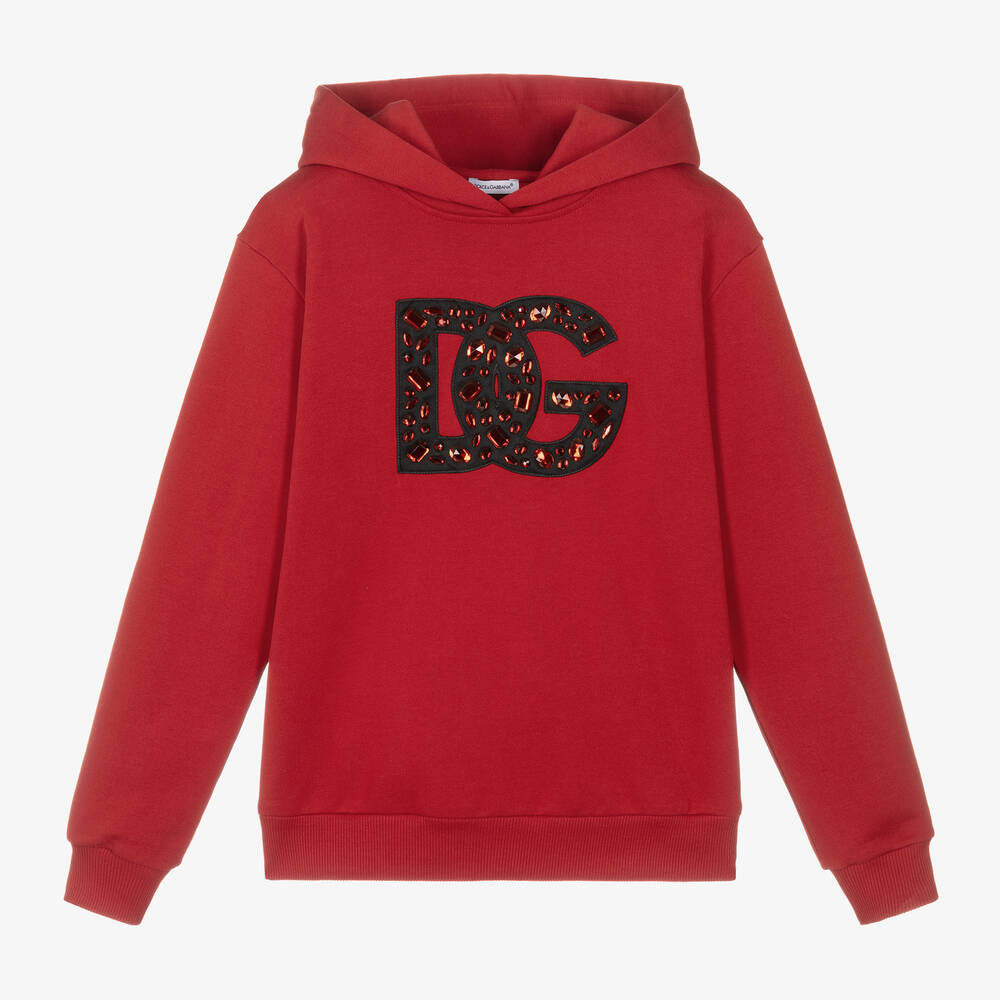 Dolce & Gabbana - Sweat à capuche rouge strassé DG | Childrensalon