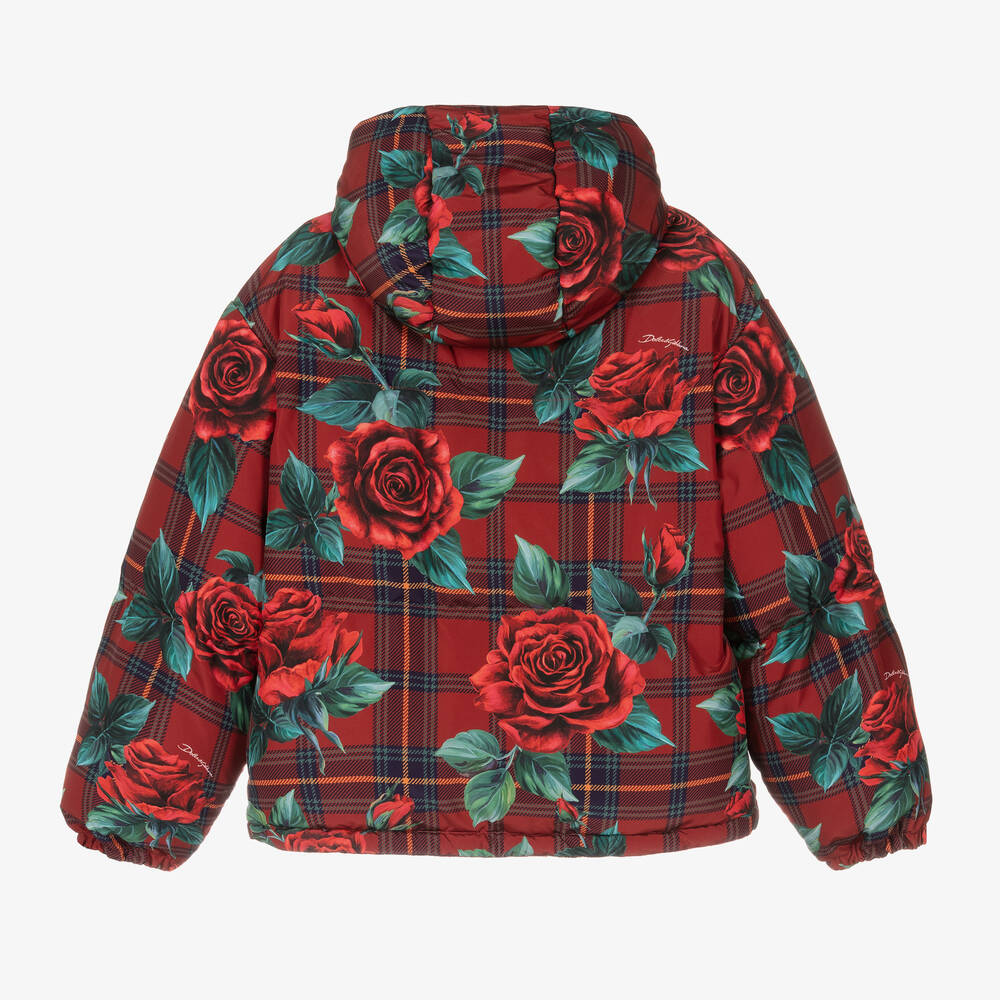 Dolce & Gabbana-Красный пуховик в клетку с розами | Childrensalon Outlet