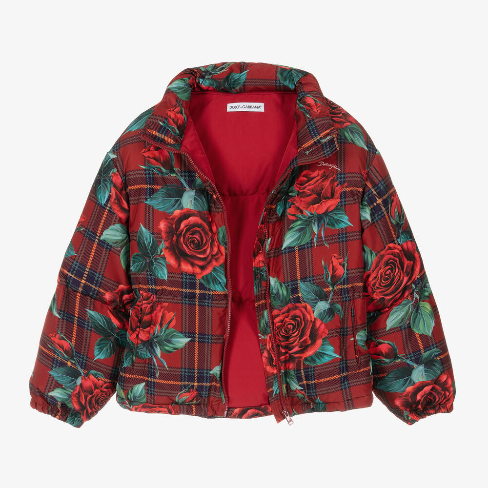 Dolce & Gabbana-Красный пуховик в клетку с розами | Childrensalon Outlet