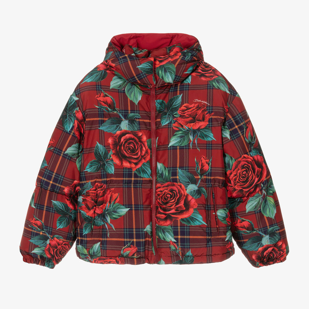 Dolce & Gabbana - Teen Girls Red Tartan Rose Puffer Jacket | Childrensalon
