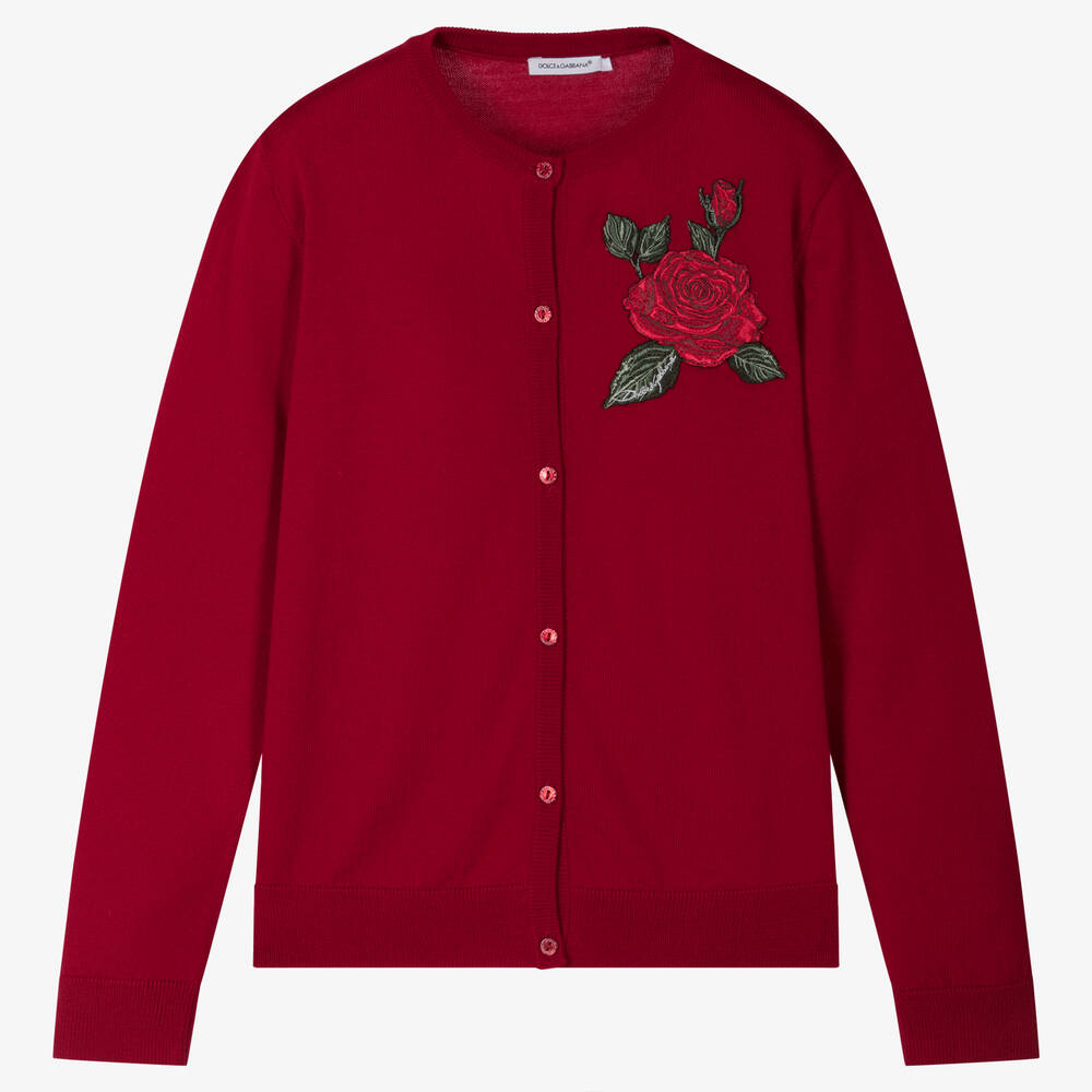 Dolce & Gabbana - Rote Teen Wollstrickjacke mit Rosenmotiv für Mädchen | Childrensalon