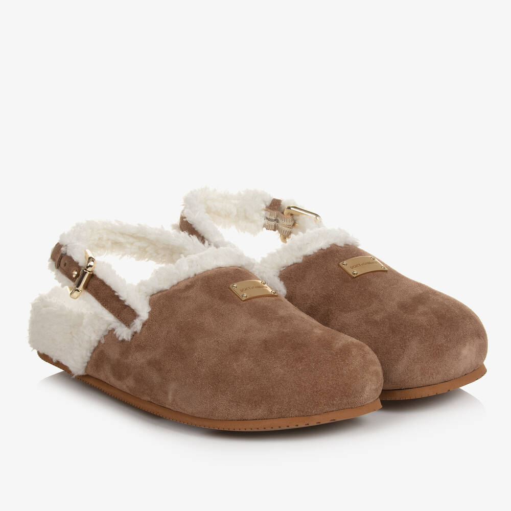 Dolce & Gabbana - Hellbraune Leder-Sherpa-Pantoletten | Childrensalon