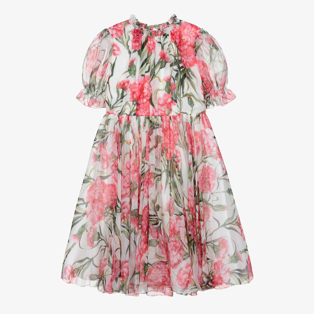 Dolce & Gabbana - Weißes Teen Seidenkleid mit Nelken | Childrensalon