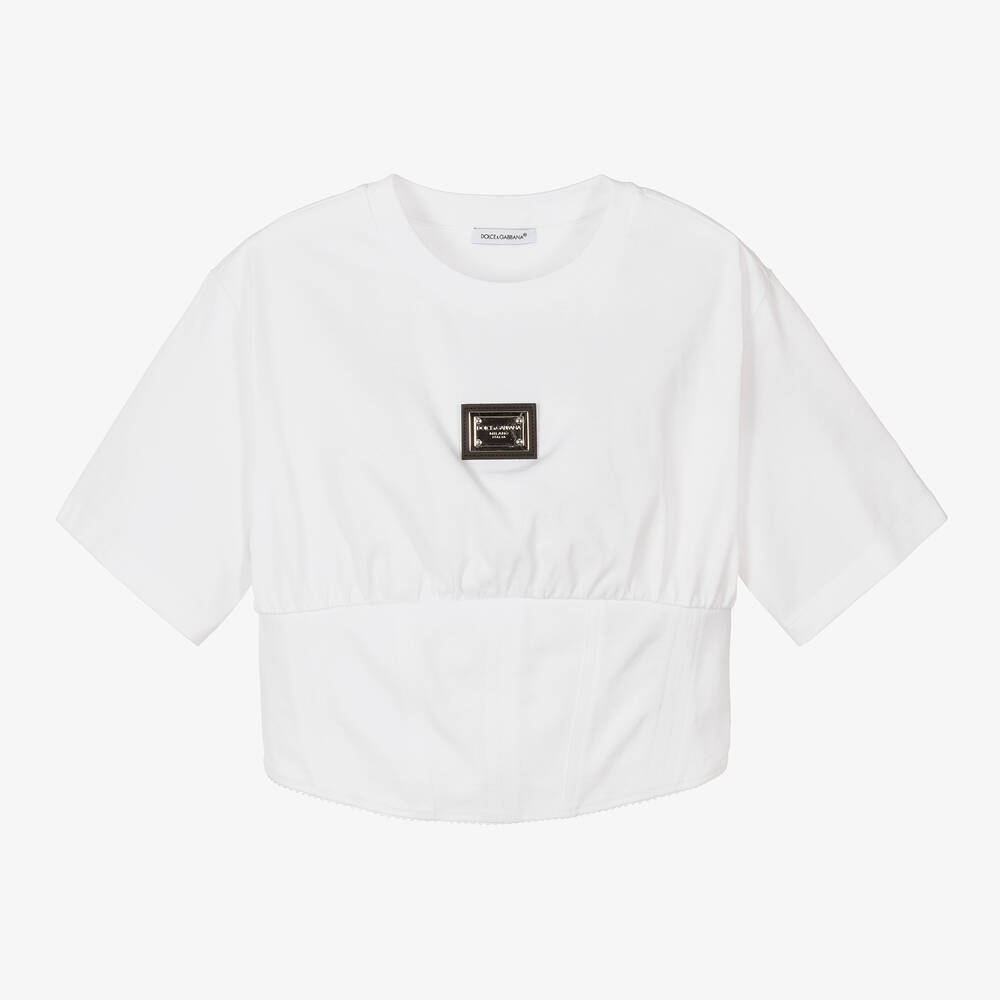 Dolce & Gabbana - Weißes Baumwoll-T-Shirt mit Korsett | Childrensalon