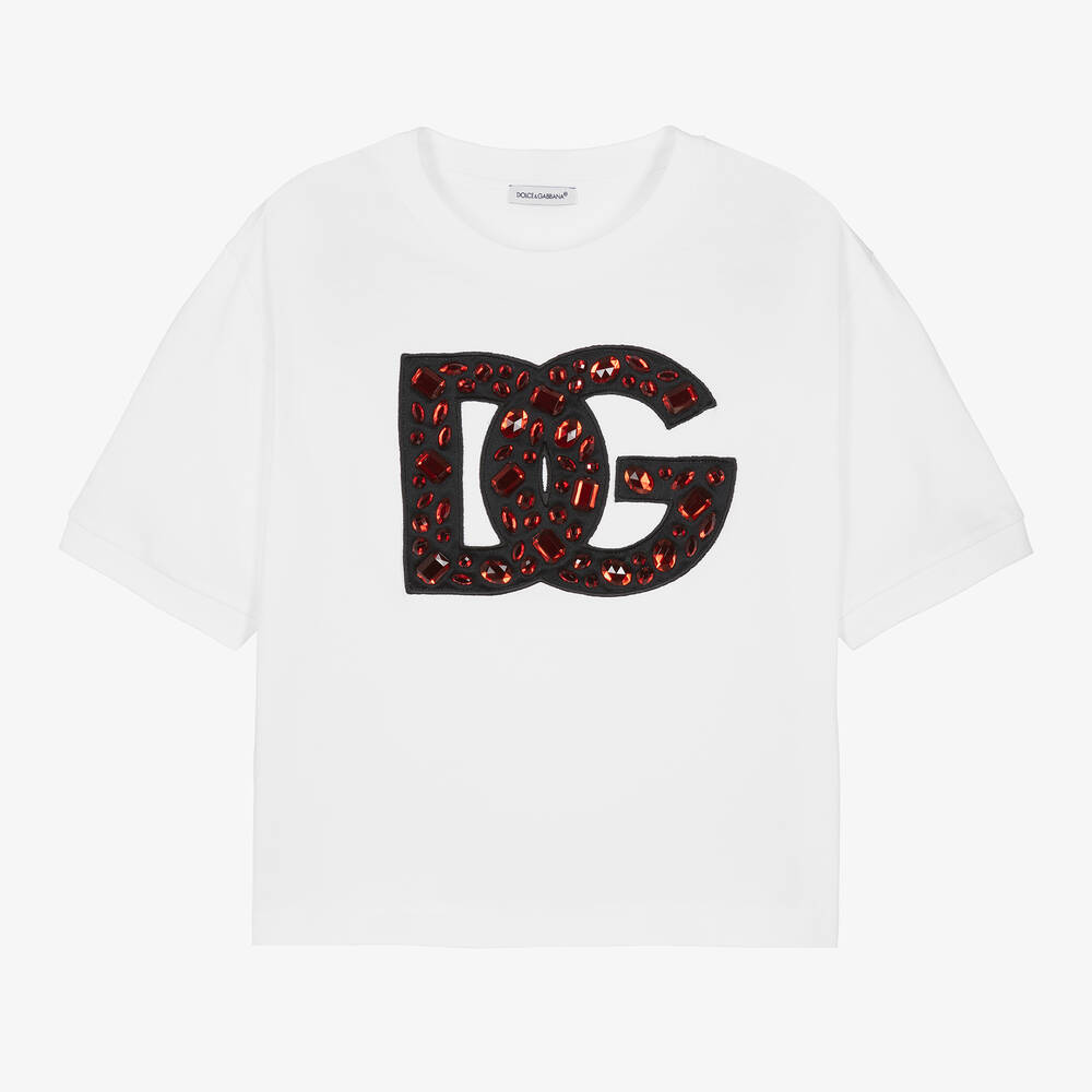 Dolce & Gabbana - Белая хлопковая футболка DG со стразами | Childrensalon