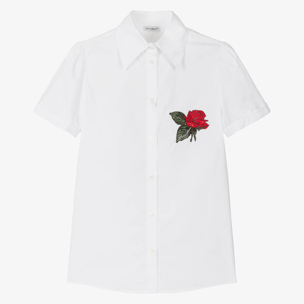 Dolce & Gabbana - Белая блузка из хлопкового поплина с розой | Childrensalon