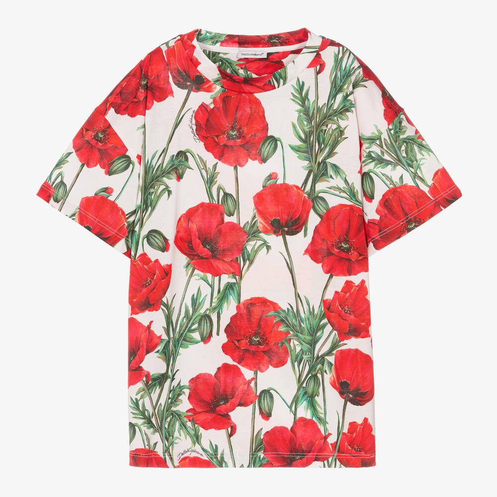 Dolce & Gabbana - Teen Girls White Cotton Poppy T-Shirt | Childrensalon
