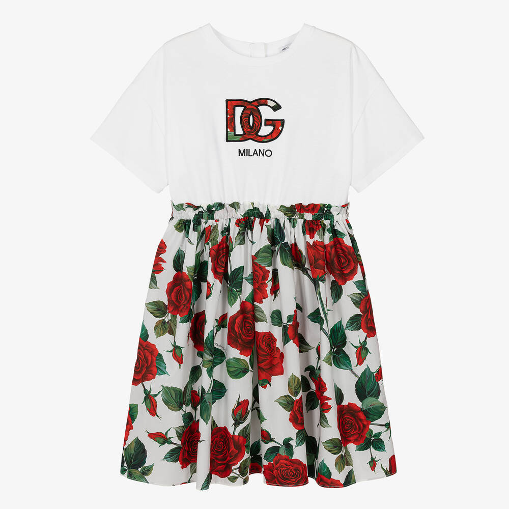 Dolce & Gabbana - فستان قطن جيرسي وبوبلين لون أبيض تينز بناتي | Childrensalon