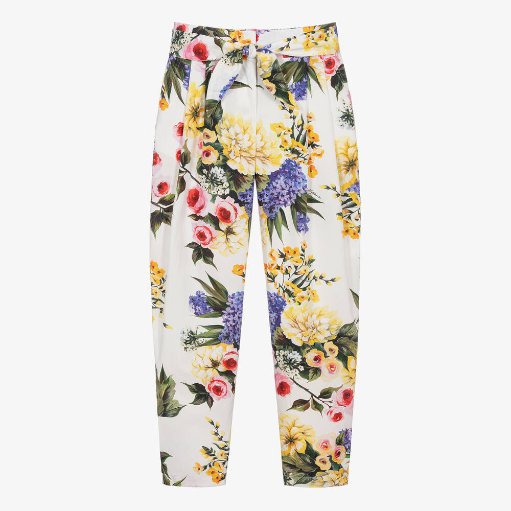 Dolce & Gabbana-Teen Girls White Floral Print Cotton Trousers | Childrensalon Outlet