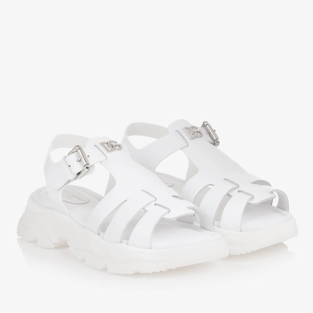 Dolce Gabbana Teen Girls White Leather DG Sandals Childrensalon Outlet