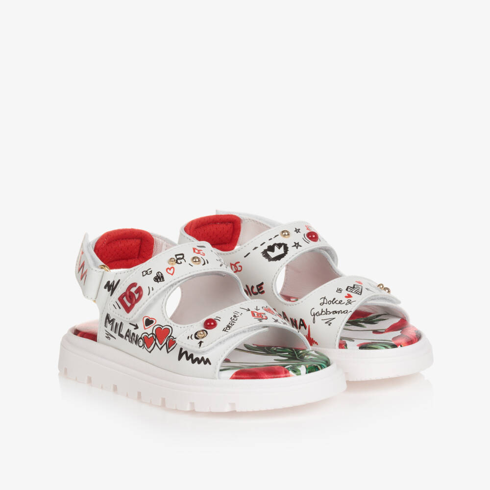 Dolce & Gabbana-Белые кожаные сандалии с маками | Childrensalon Outlet