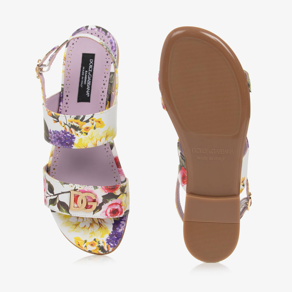 Dolce & Gabbana-Teen Girls White & Lilac Floral Leather Sandals | Childrensalon Outlet