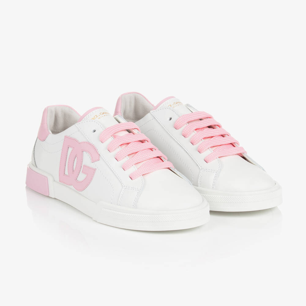 Dolce & Gabbana - Teen Girls White & Pink Leather Trainers | Childrensalon