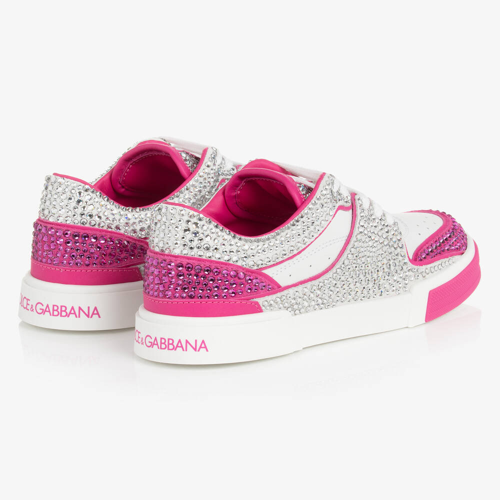 Dolce Gabbana Teen Girls White Pink Rhinestone Leather