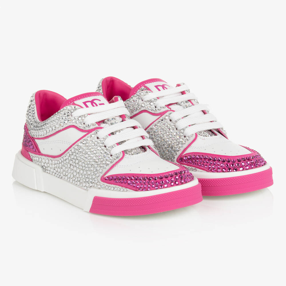 Dolce & Gabbana - Leder-Sneakers mit Strass weiß/pink | Childrensalon
