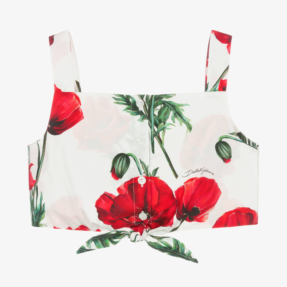Dolce & Gabbana-Teen Girls White Poppy Crop Top | Childrensalon Outlet