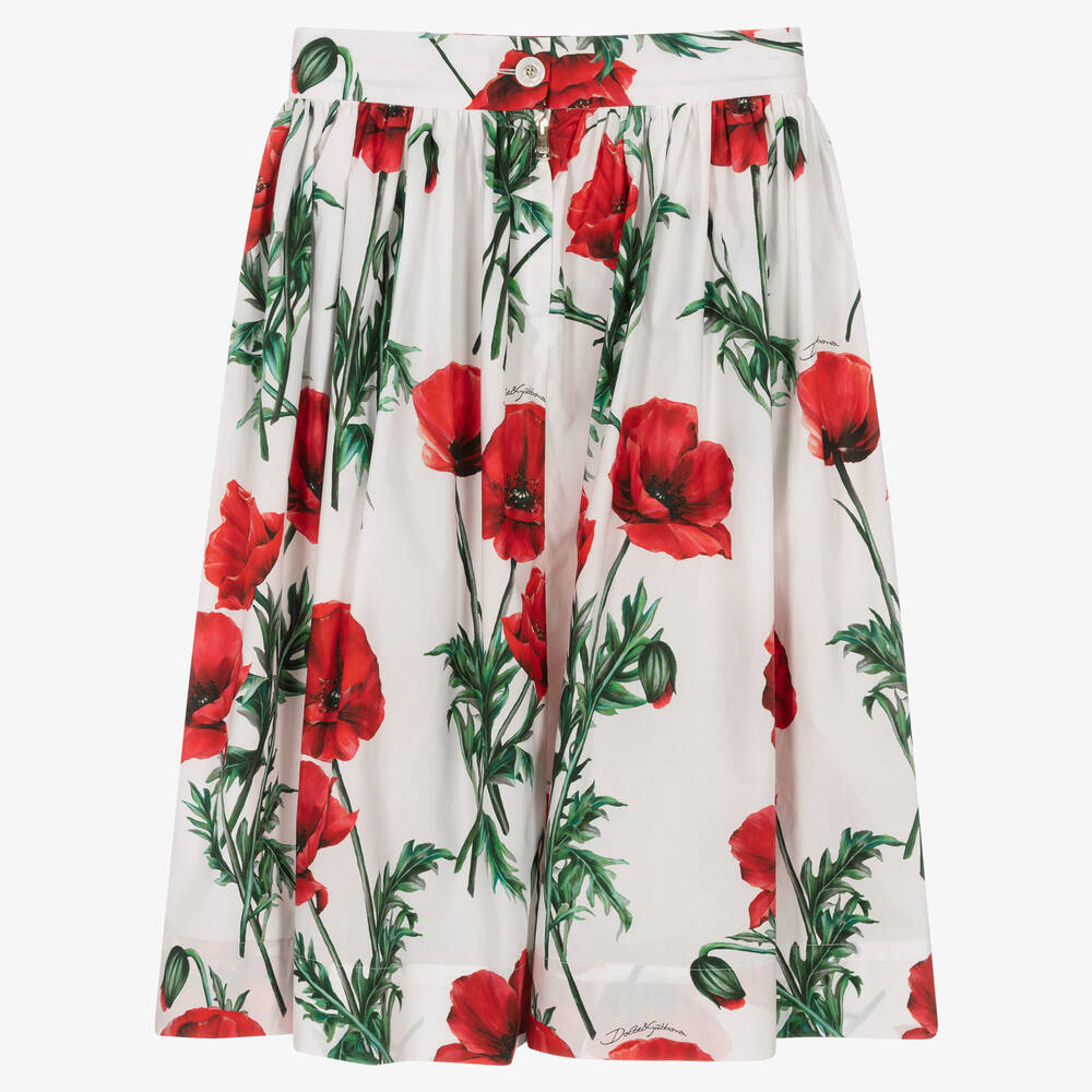 Dolce Gabbana Teen Girls White Poppy Midi Skirt