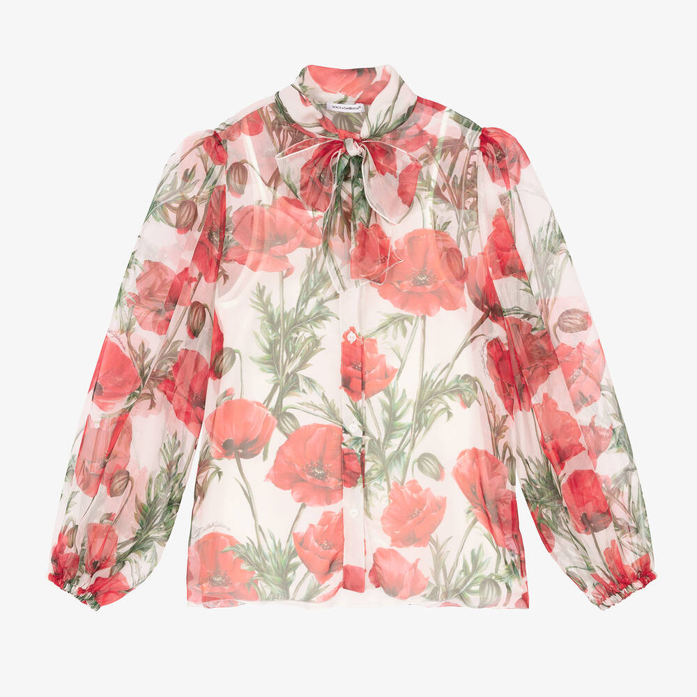 Chemisier blanc soie coquelicots