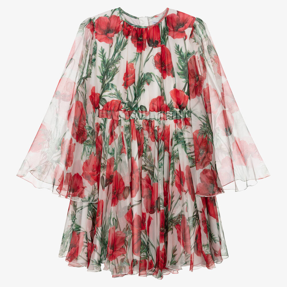 Dolce & Gabbana - Teen Seidenkleid Mohnblume weiß/rot  | Childrensalon