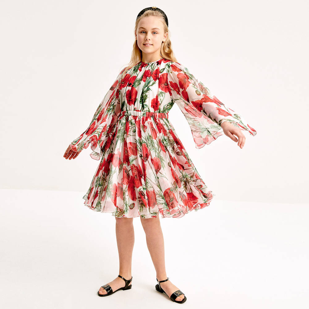 Dolce & Gabbana-Teen Girls White & Red Poppy Silk Dress  | Childrensalon Outlet