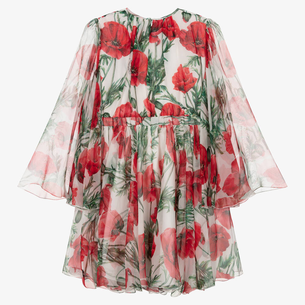 Dolce & Gabbana-Teen Girls White & Red Poppy Silk Dress  | Childrensalon Outlet