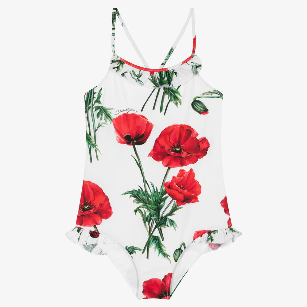 Dolce & Gabbana - Teen Girls White & Red Poppy Swimsuit | Childrensalon