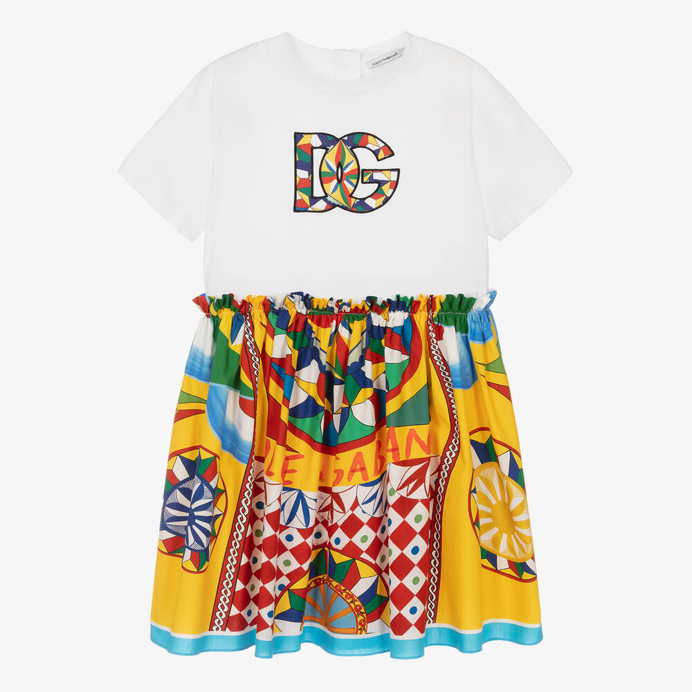 Dolce & Gabbana - Teen Baumwollkleid in Weiß und Gelb | Childrensalon
