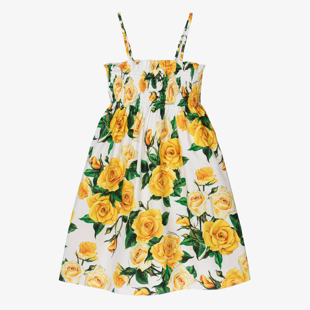 Dolce & Gabbana-Teen Girls Yellow Rose Print Cotton Dress | Childrensalon Outlet