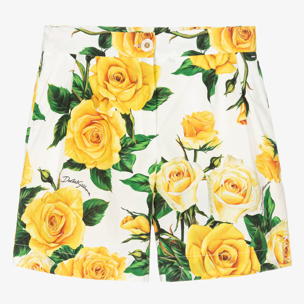 Dolce & Gabbana-Teen Girls Yellow Rose Print Cotton Shorts | Childrensalon Outlet