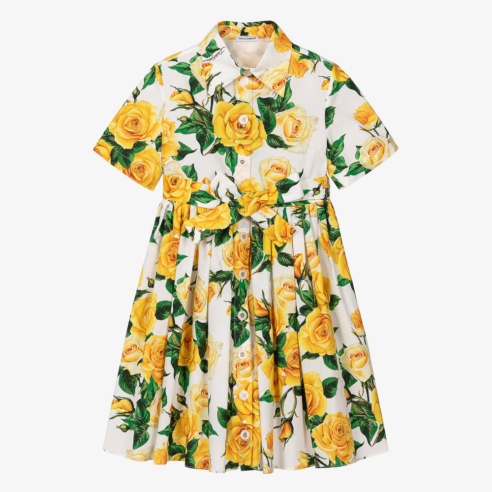 Dolce & Gabbana-Teen Girls Yellow Rose Print Shirt Dress | Childrensalon Outlet