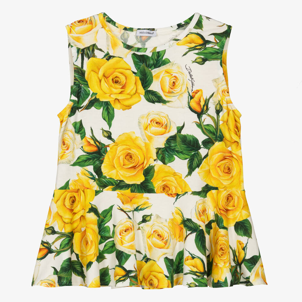 Dolce & Gabbana-Teen Girls Yellow Rose Print Viscose Top | Childrensalon Outlet