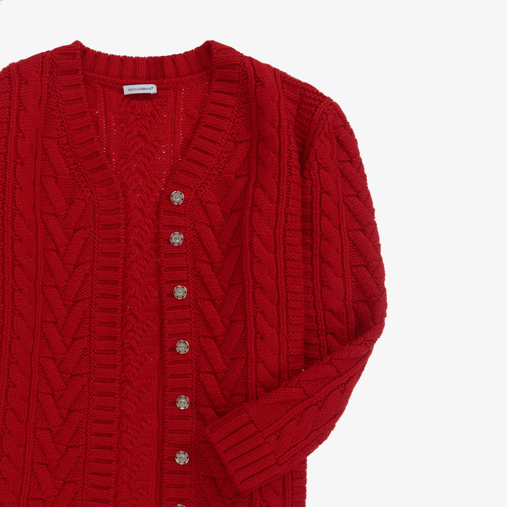 Dolce Gabbana Teen Red Cable Knit Cardigan