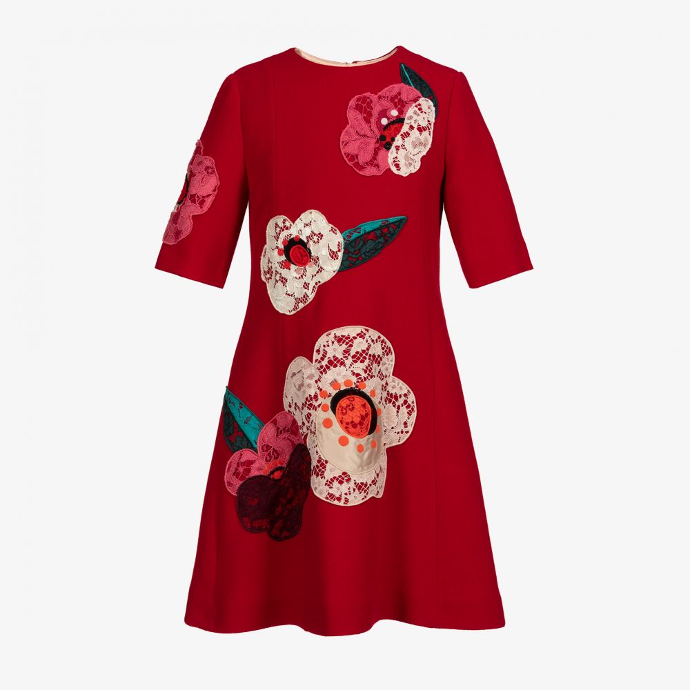 Dolce & Gabbana - فستان تينز صوف كريب لون أحمر بطبعة ورود  | Childrensalon